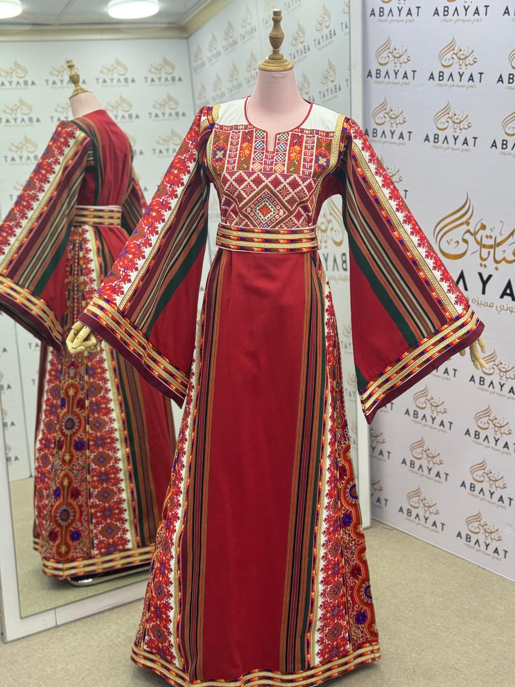 Palestinian Thobe – Red with Multicolor Embroidery & Stripes A09092025