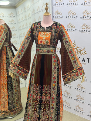Premium Palestinian Velvet Thobe – Orange & Olive Tatreez Jana & Nar