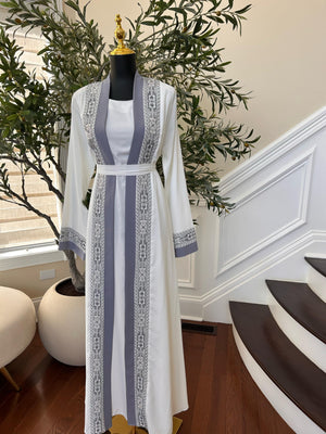 White And Grey Tatreez Beaded Two Piece Abaya
