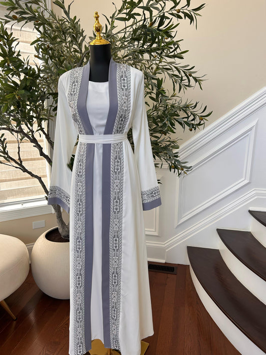 White And Grey Tatreez Beaded Two Piece Abaya