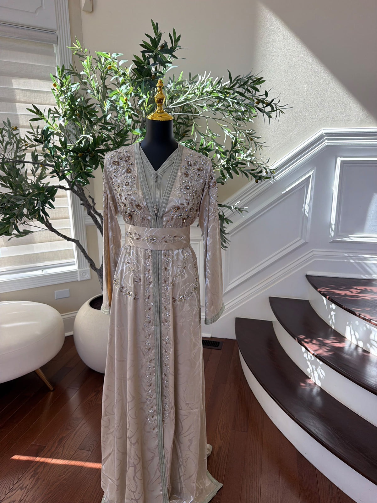 Elegant Champagne Beige Embroidered Moroccan Kaftan