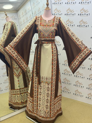 Luxury Palestinian Embroidered Thobe – Brown Traditional Design