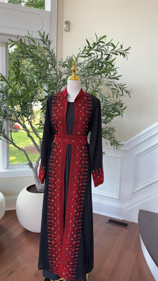 Red Tatreez Embroidery Abaya