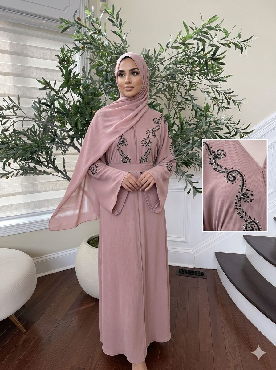 Peach Essence Black Beaded Abaya