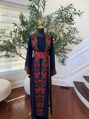 Navy Blue Embroidery Floral Tatreez Thobe