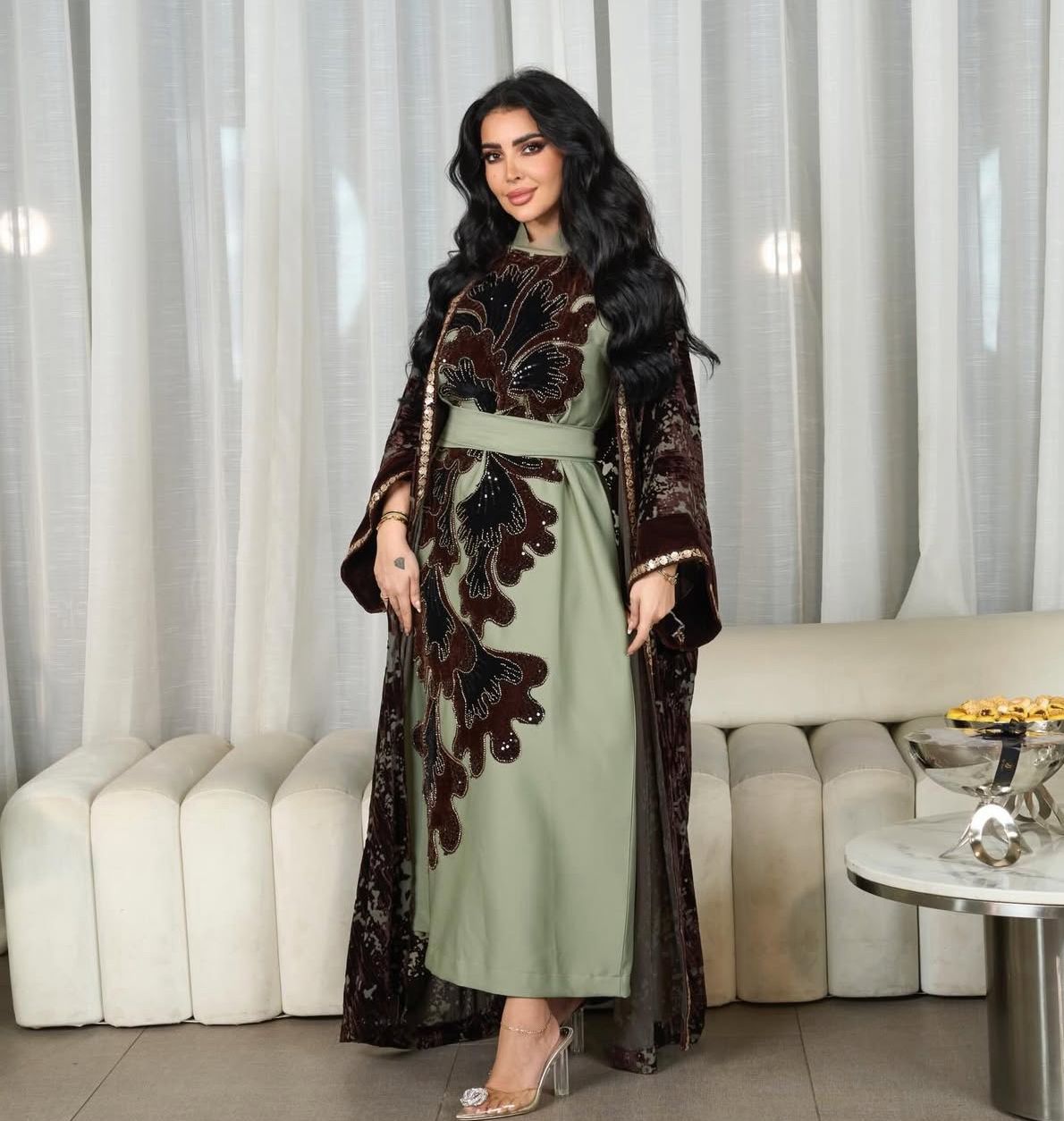 Olive Green Brown Two Piece Abaya
