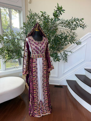 Elegant Purple and Cream Thobe with Intricate Floral Embroidery and Gold Accents (scarf not included)