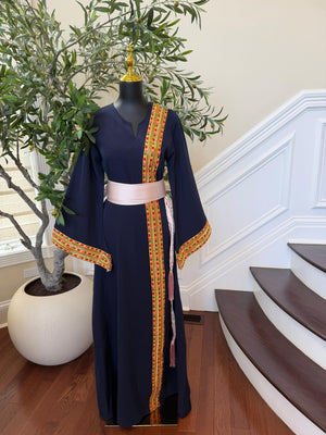Navy Blue Embroidery Sabal Kharaz Thobe