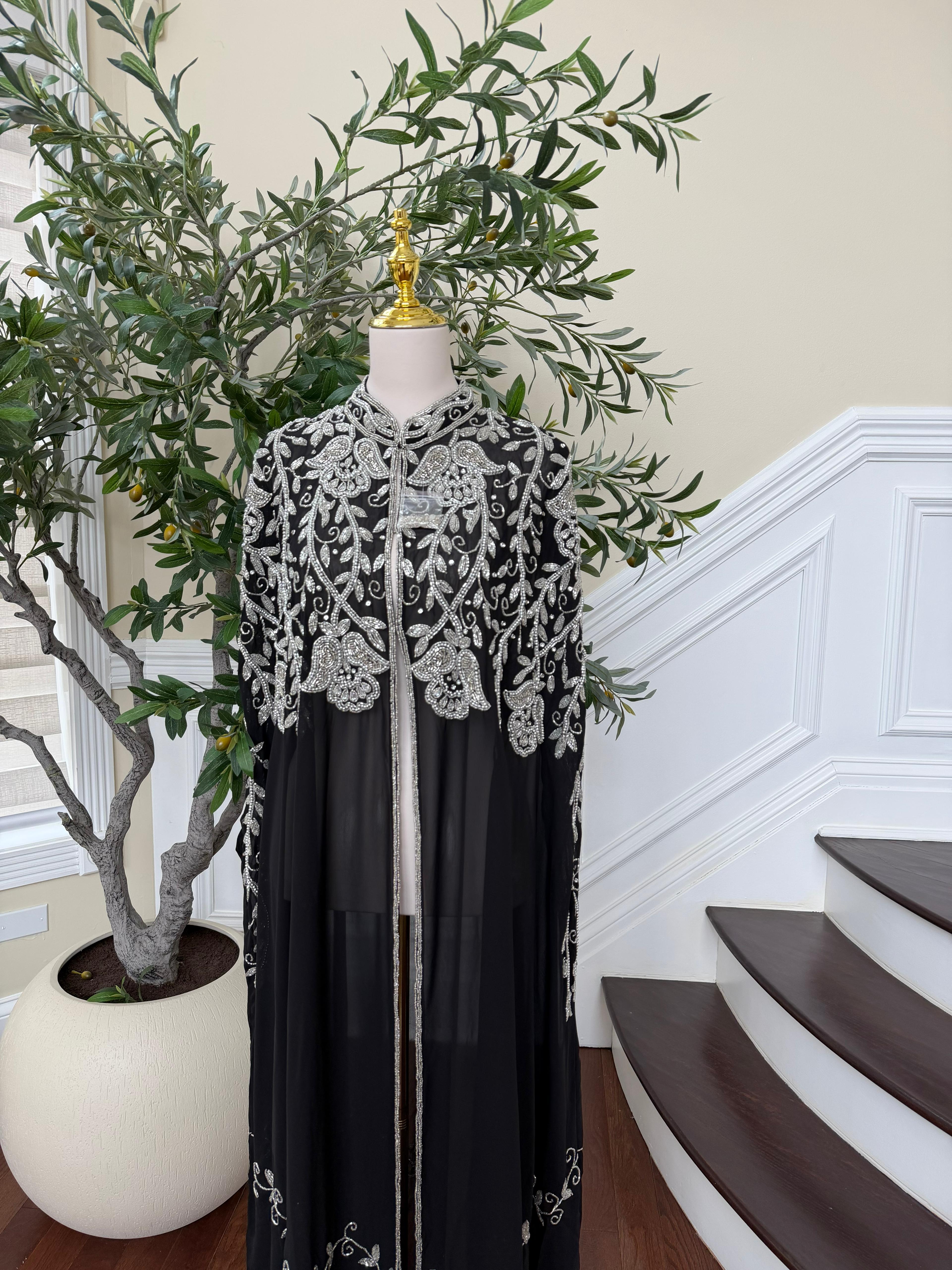 Silver Floral Black Cardigan Abaya