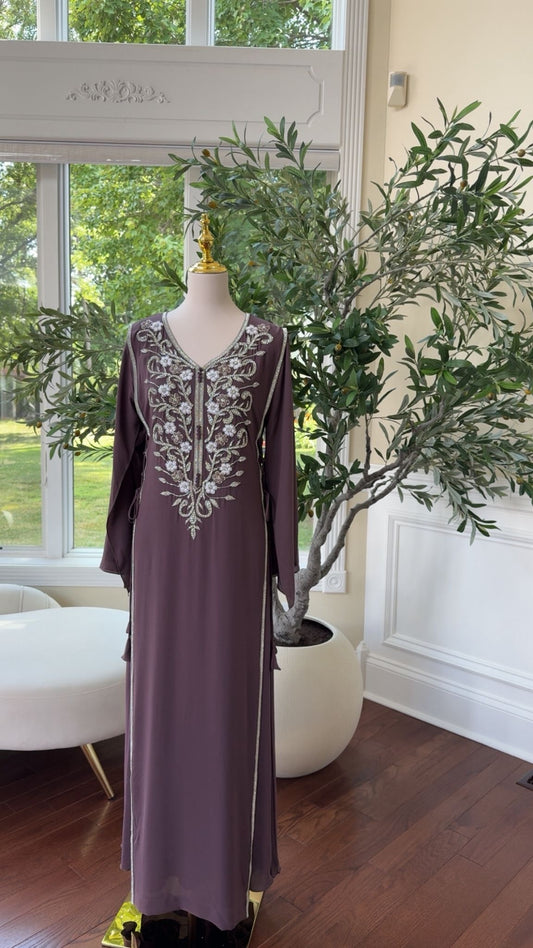 Modest Purple Kaftan with Elegant Floral Beading