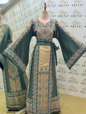 Palestinian Embroidered Thobe – Olive Green with Wide Sleeves