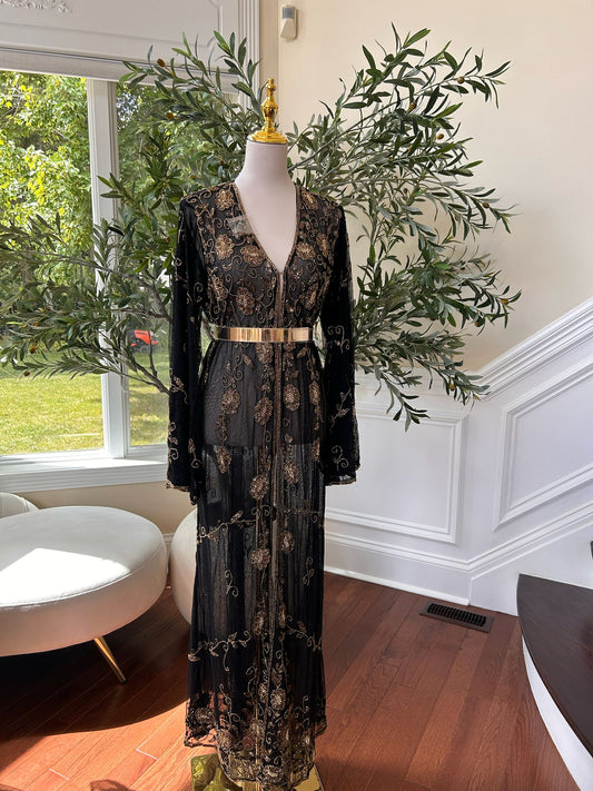 Golden Floral Beaded Stone Black Cardigan Abaya