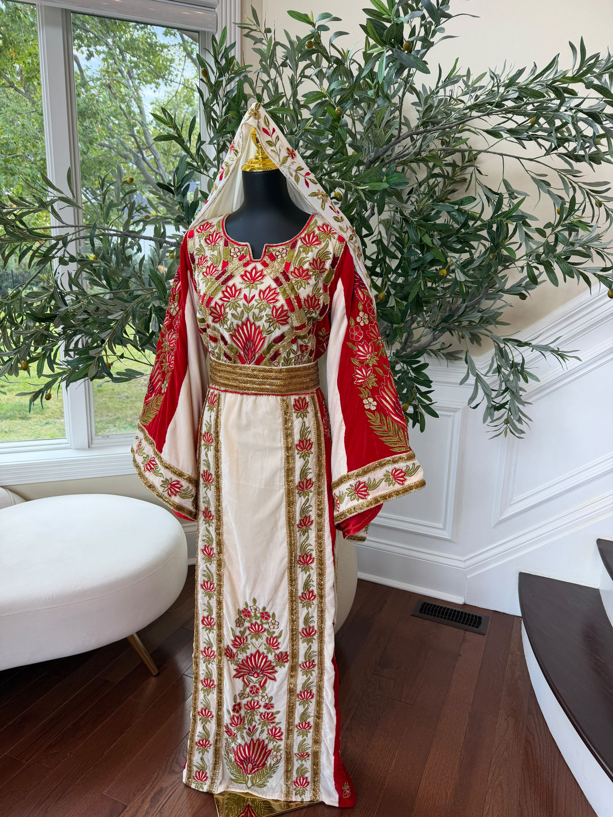 Elegant Cream and Red Thobe with Gold Floral Embroidery(scarf not included)