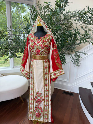 Elegant Cream and Red Thobe with Gold Floral Embroidery(scarf not included)