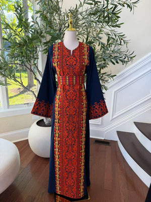 Blue Embroidery Red Tatreez Thobe