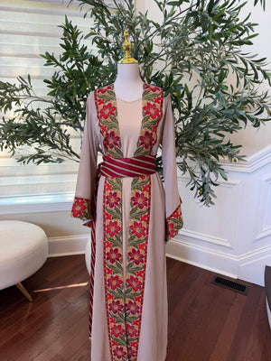 Tan Floral Embroidery Tatreez Thobe