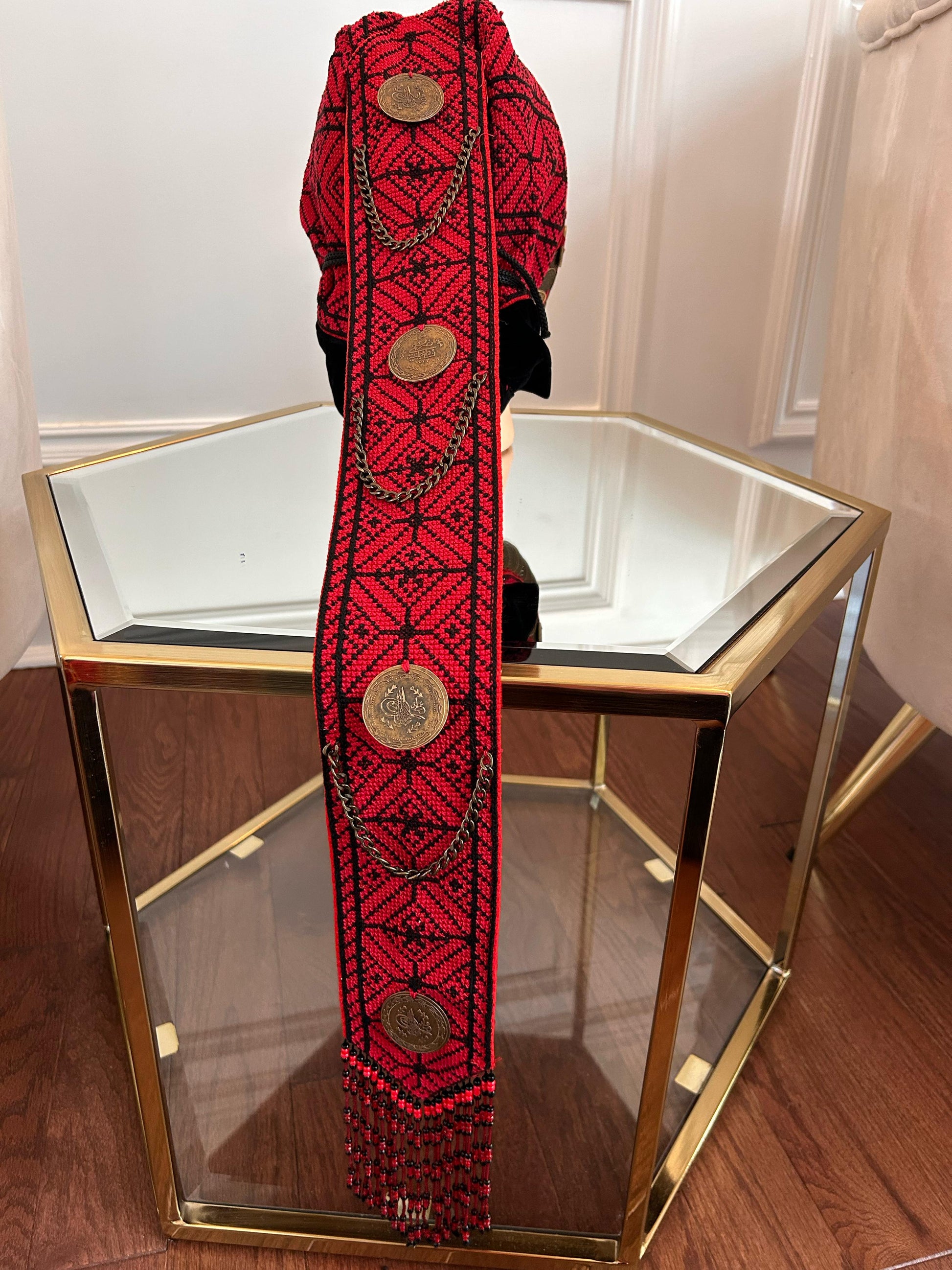 Red Tatreez Embroidery Coin Head Piece تطريز يدوي