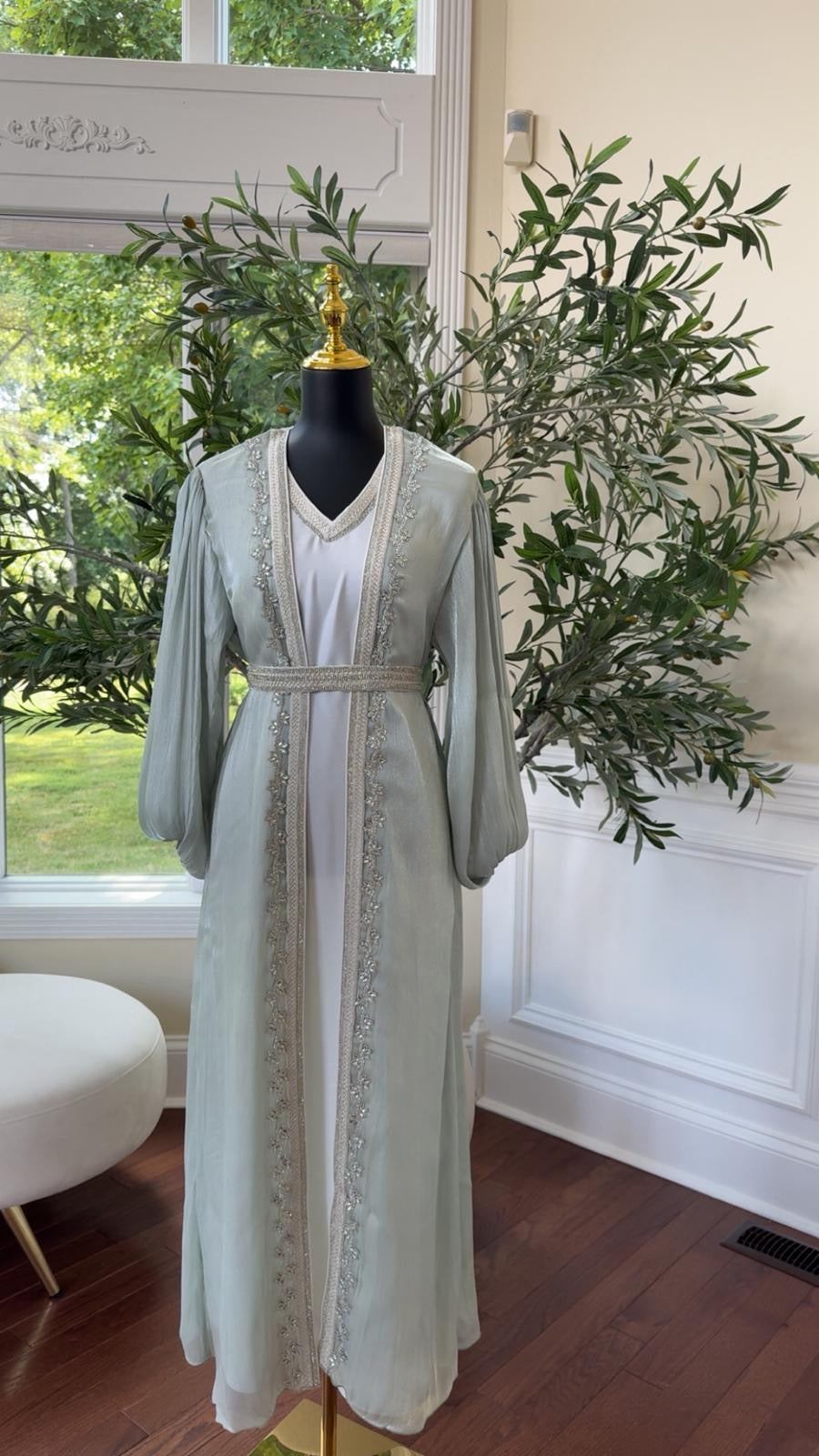 Sage Green Kuftan with Delicate Detail