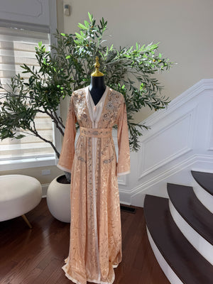 Elegant Peach Embroidered Kaftan with Silver Beadwork