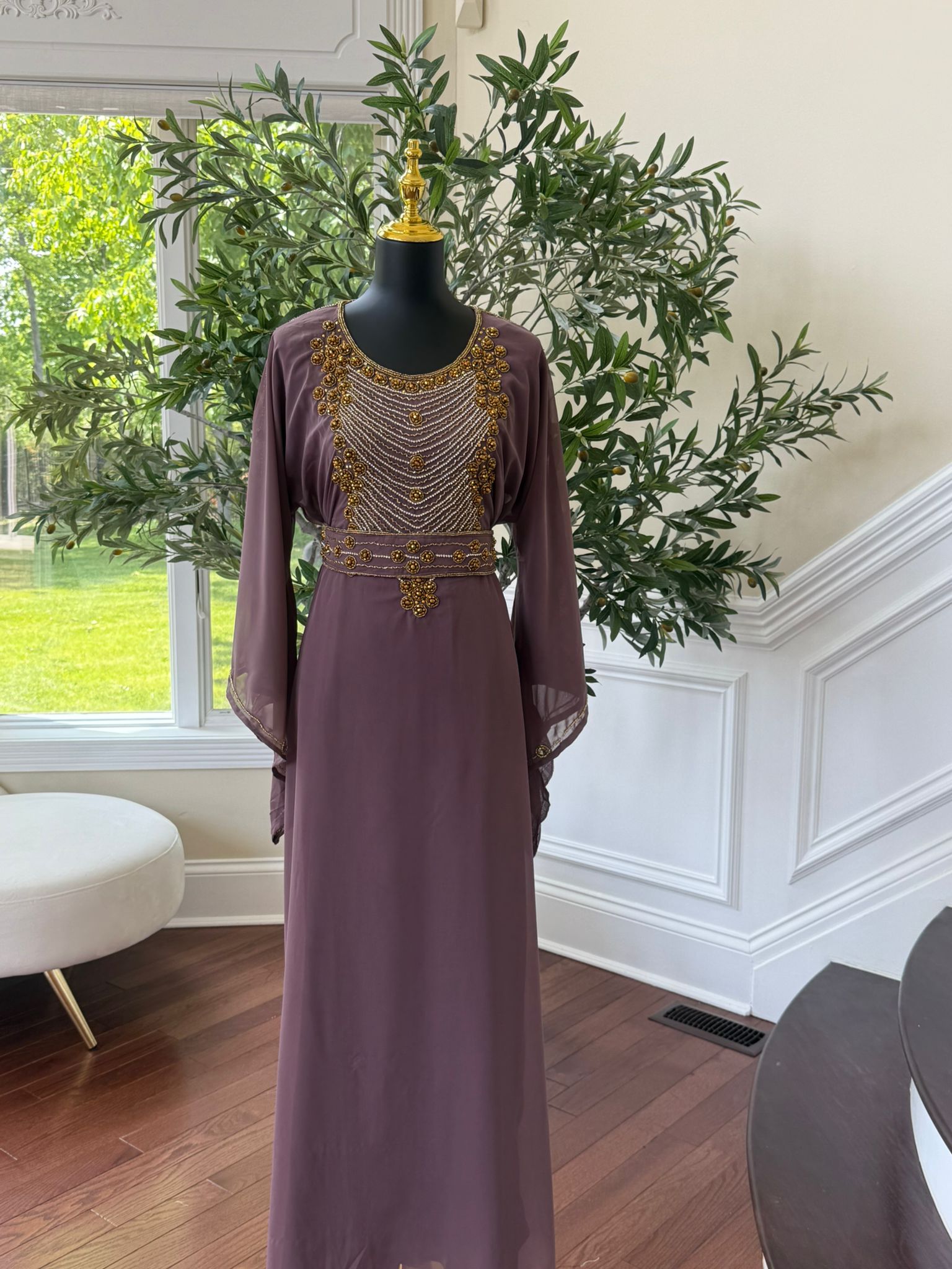 Elegant Mauve Beaded Kuftan Maxi Dress
