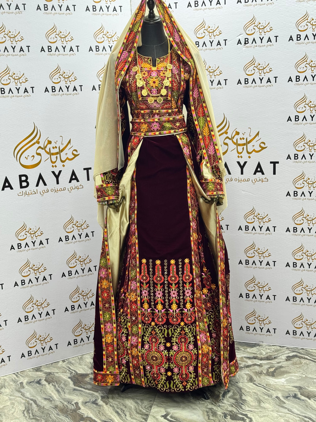 Burgundy Velvet Palestinian Embroidered Thobe with Multicolor Tatreez, Traditional Shawl & Overskirt Set