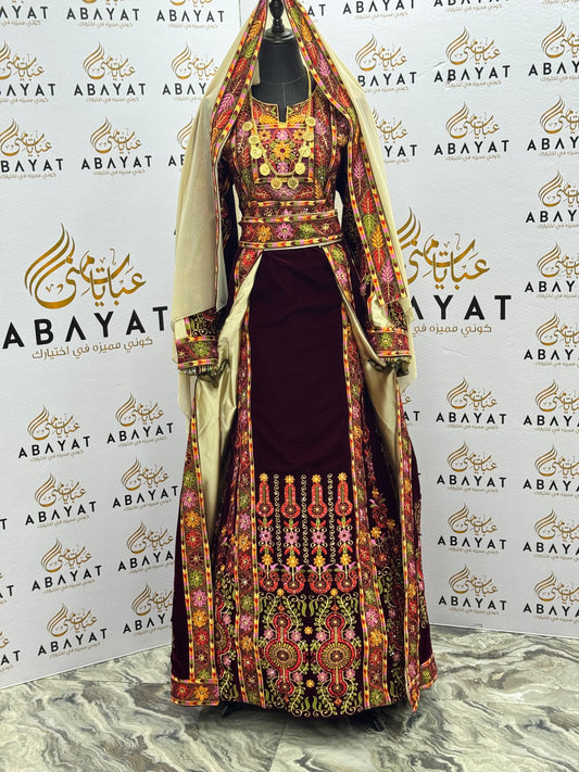 Burgundy Velvet Palestinian Embroidered Thobe with Multicolor Tatreez, Traditional Shawl & Overskirt Set