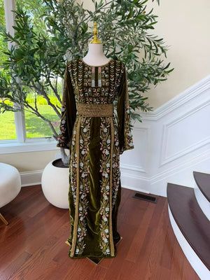 Velvet Olive Green Beaded Stone Thobe