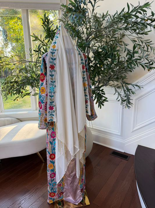 White Palestinian Scarf with multiple colored Floral Embroidery and Gold Fringe