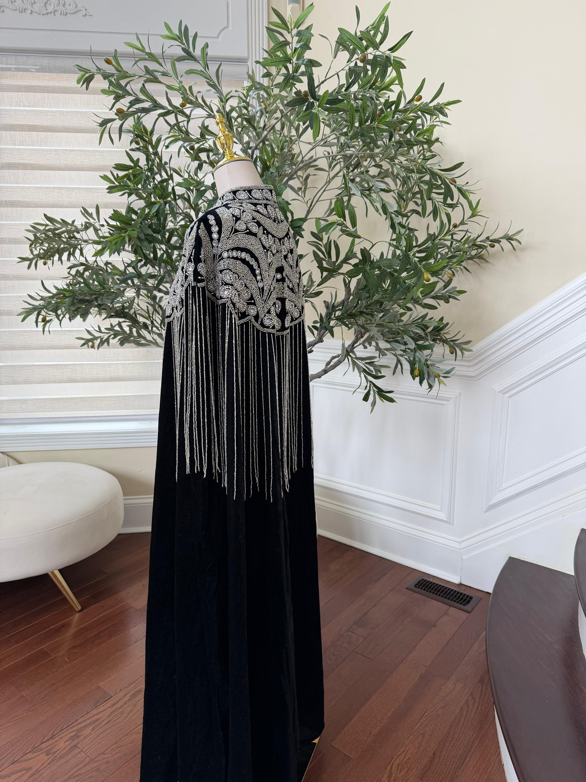 Velvet Black Beaded Stone Cardigan Abaya