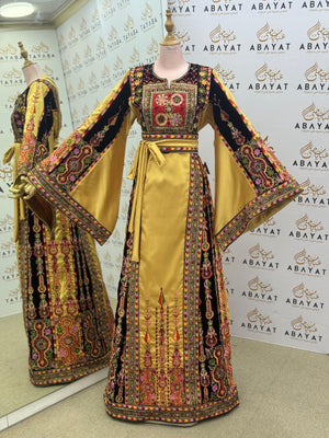 Premium Palestinian Malakah Thobe – Gold Satin & Black Velvet Embroidery