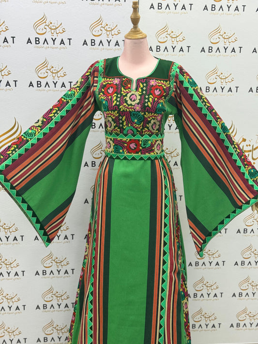 Vibrant Green Palestinian Thobe – Embroidered Tatreez Maxi Dress