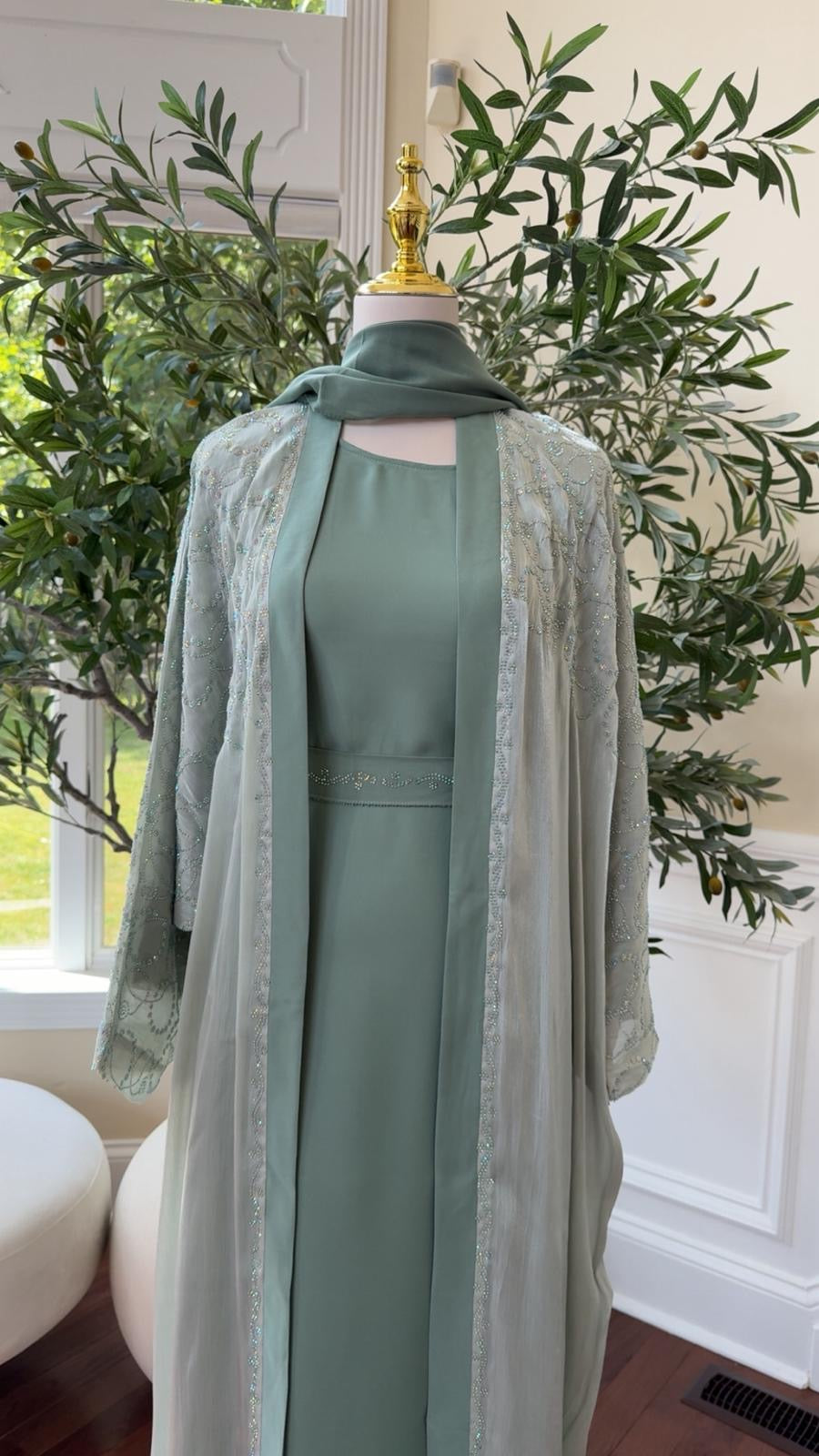 Light Mint Sparkle Luxe Two-Piece Abaya