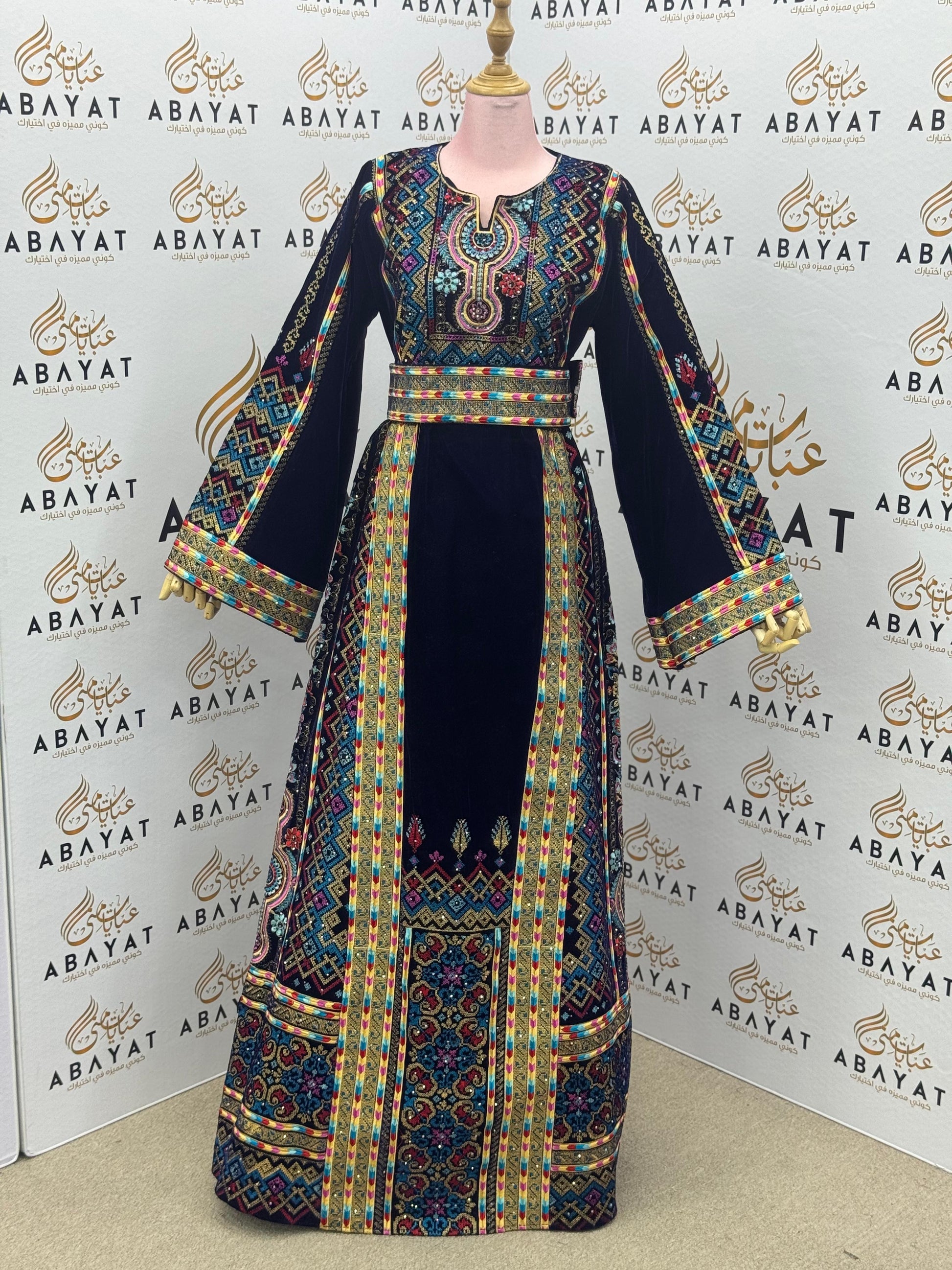 Dark Navy Velvet Palestinian Embroidered Thobe – Multicolor Tatreez with Belt A09042025