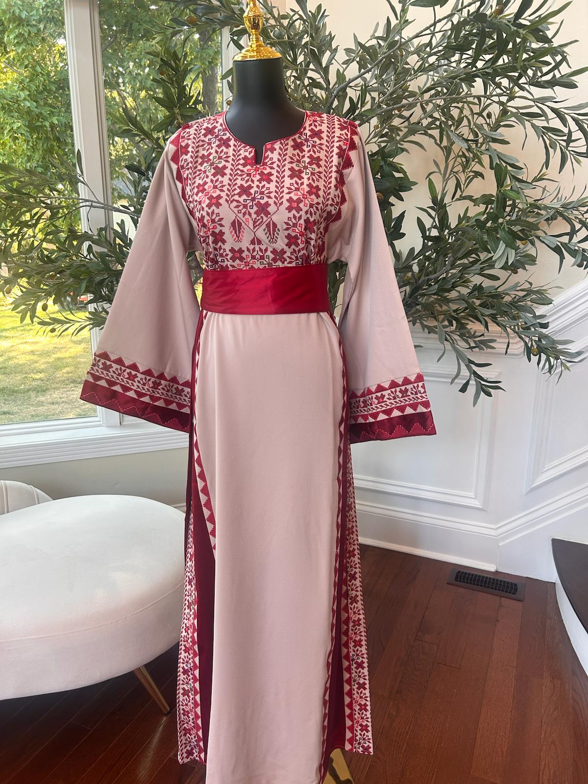 Cream Embroidery Red Detail Tatreez Thobe