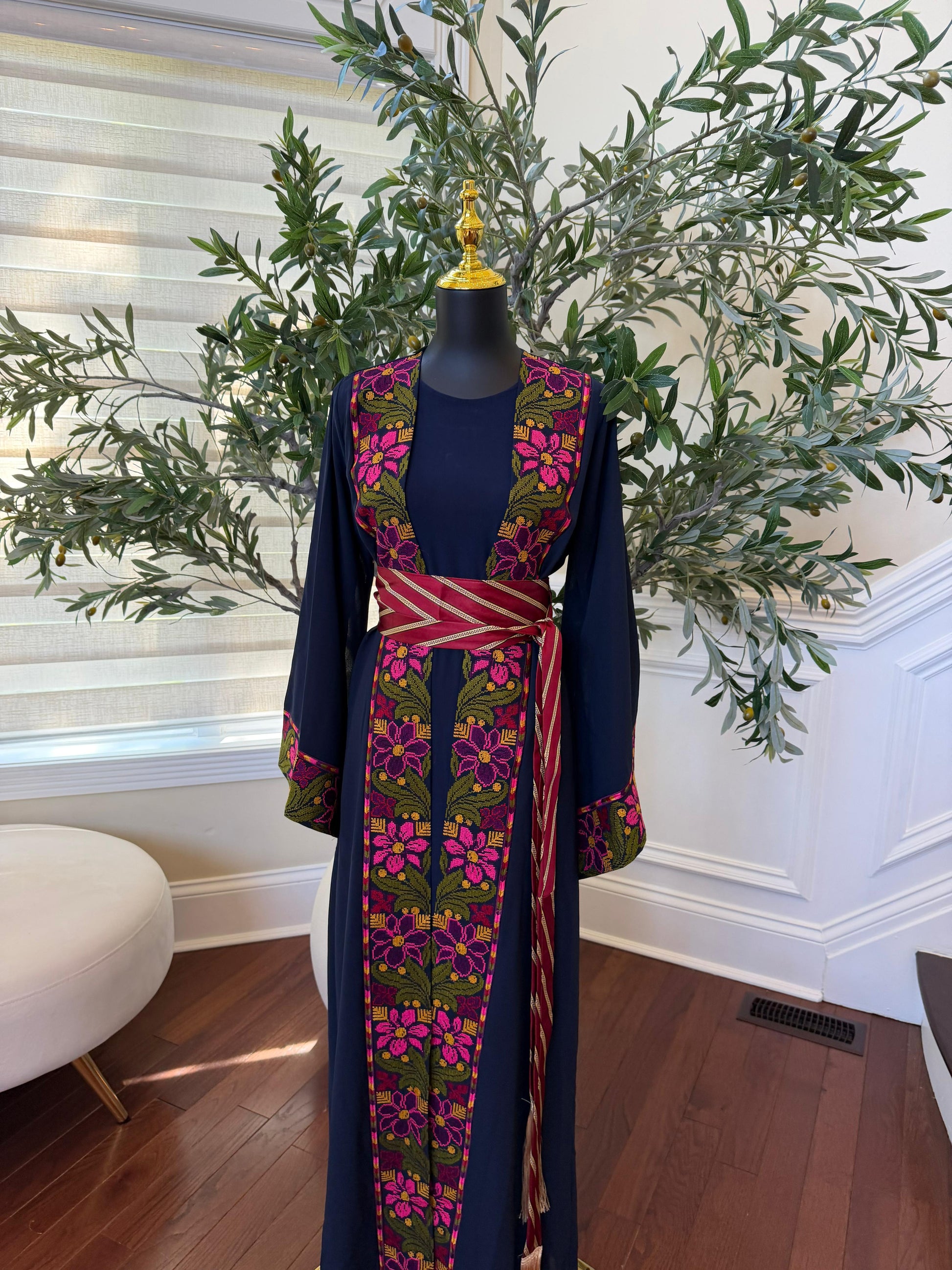 Navy Blue Embroidery Floral Tatreez Thobe