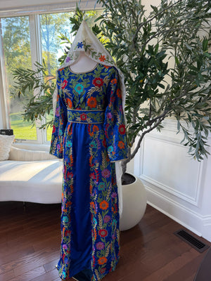 Elegant Royal Blue Floral Embroidered Palestinian Stone Thobe (scarf not included)