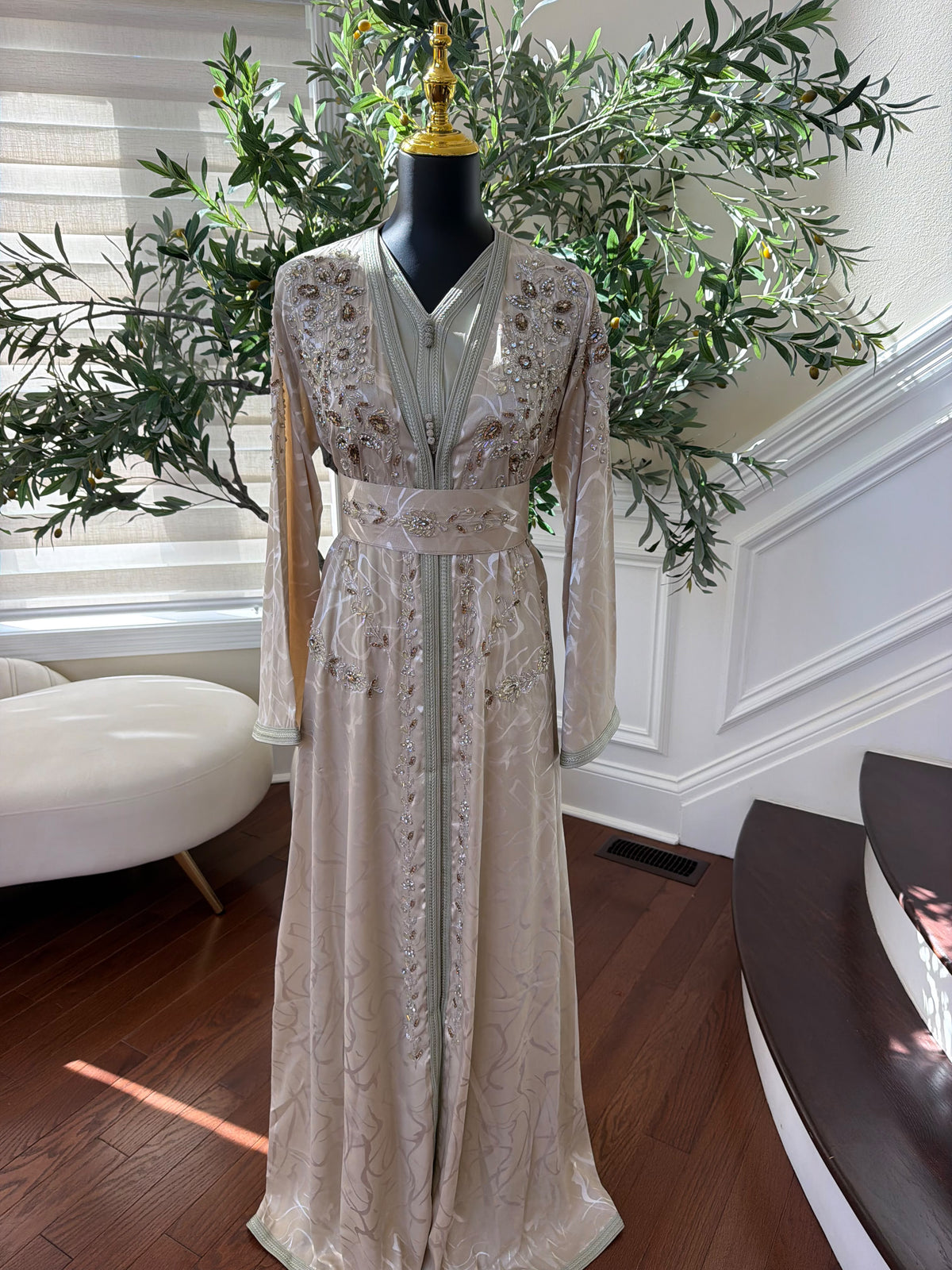 Elegant Champagne Beige Embroidered Moroccan Kaftan