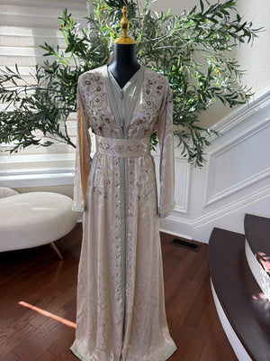 Elegant Champagne Beige Embroidered Moroccan Kaftan