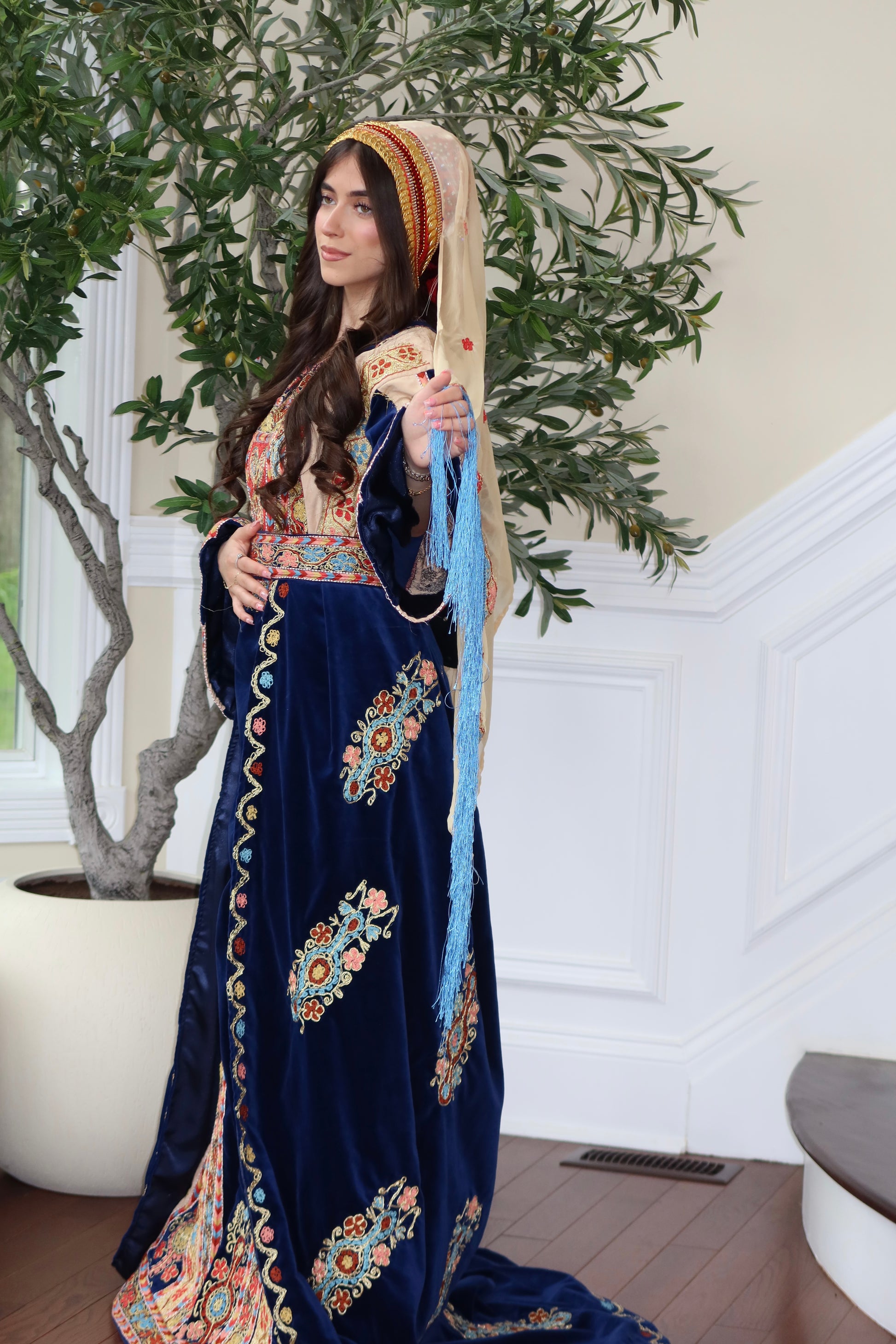 Royal Blue Malaka Handmade Thobe – Luxe Velvet & Intricate Tatreez Skirt and Khirka Shal included