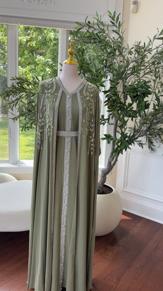 Sage Green Embellished Chiffon Kaftan Crystal Vine Detail