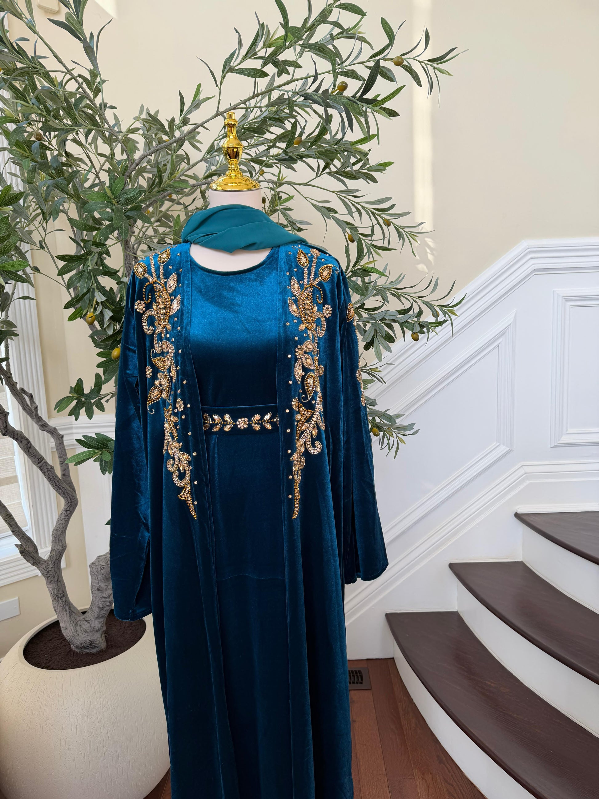 Turquoise Golden Crystal Two Piece Beaded Abaya