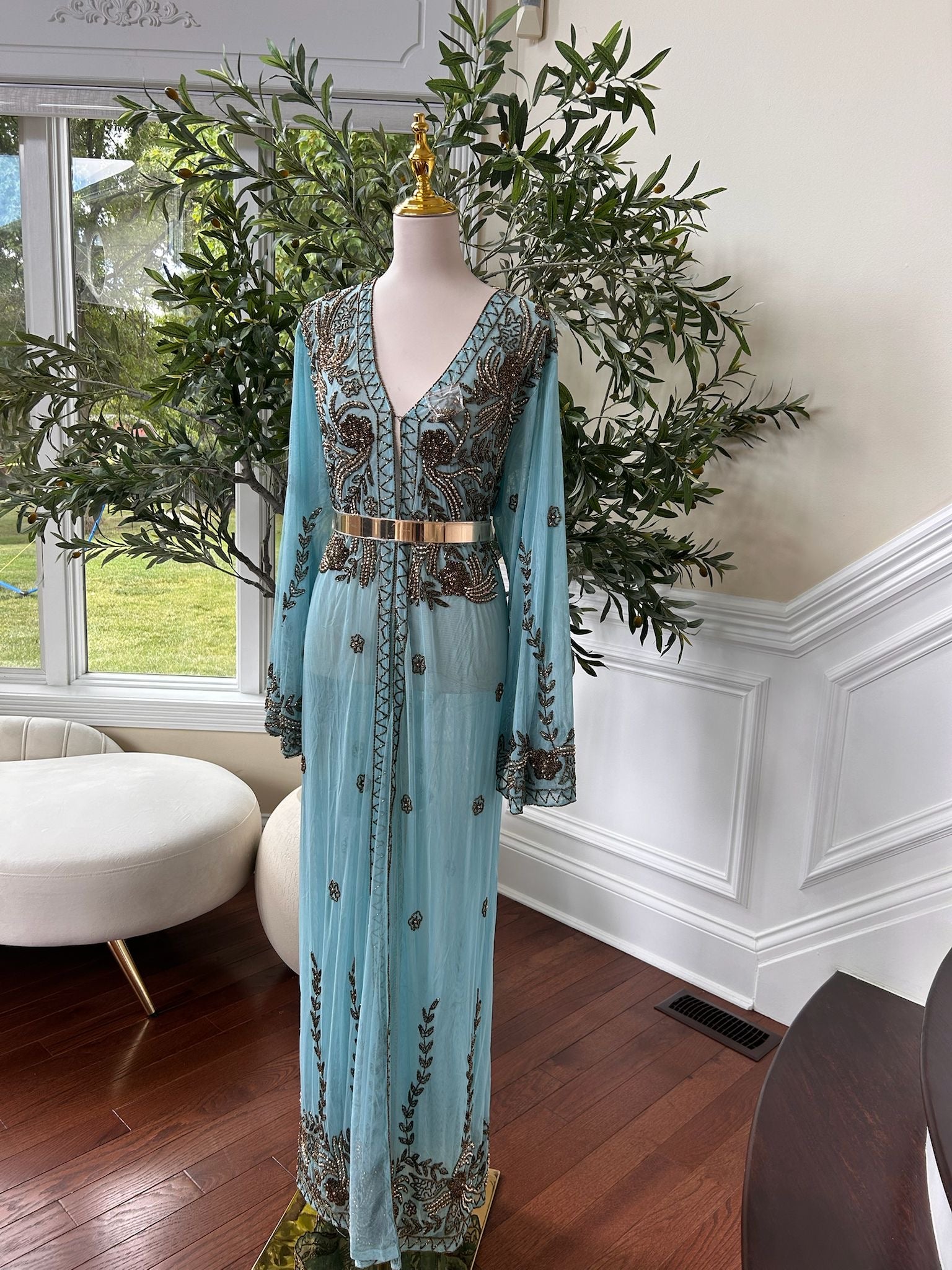 Mint Blue Golden Charm Cardigan Abaya