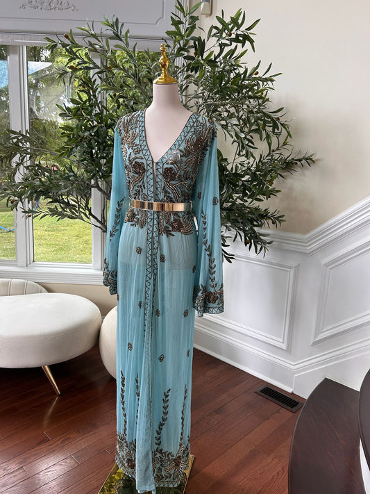 Mint Blue Golden Charm Cardigan Abaya
