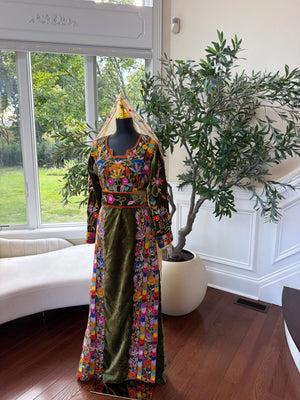 Elegant Olive Green Velvet Thobe with Vibrant Floral Embroidery