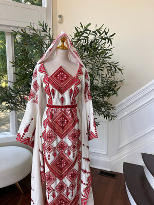 White Elegance Red Tatreez Thobe Dress / Khirka Shal included