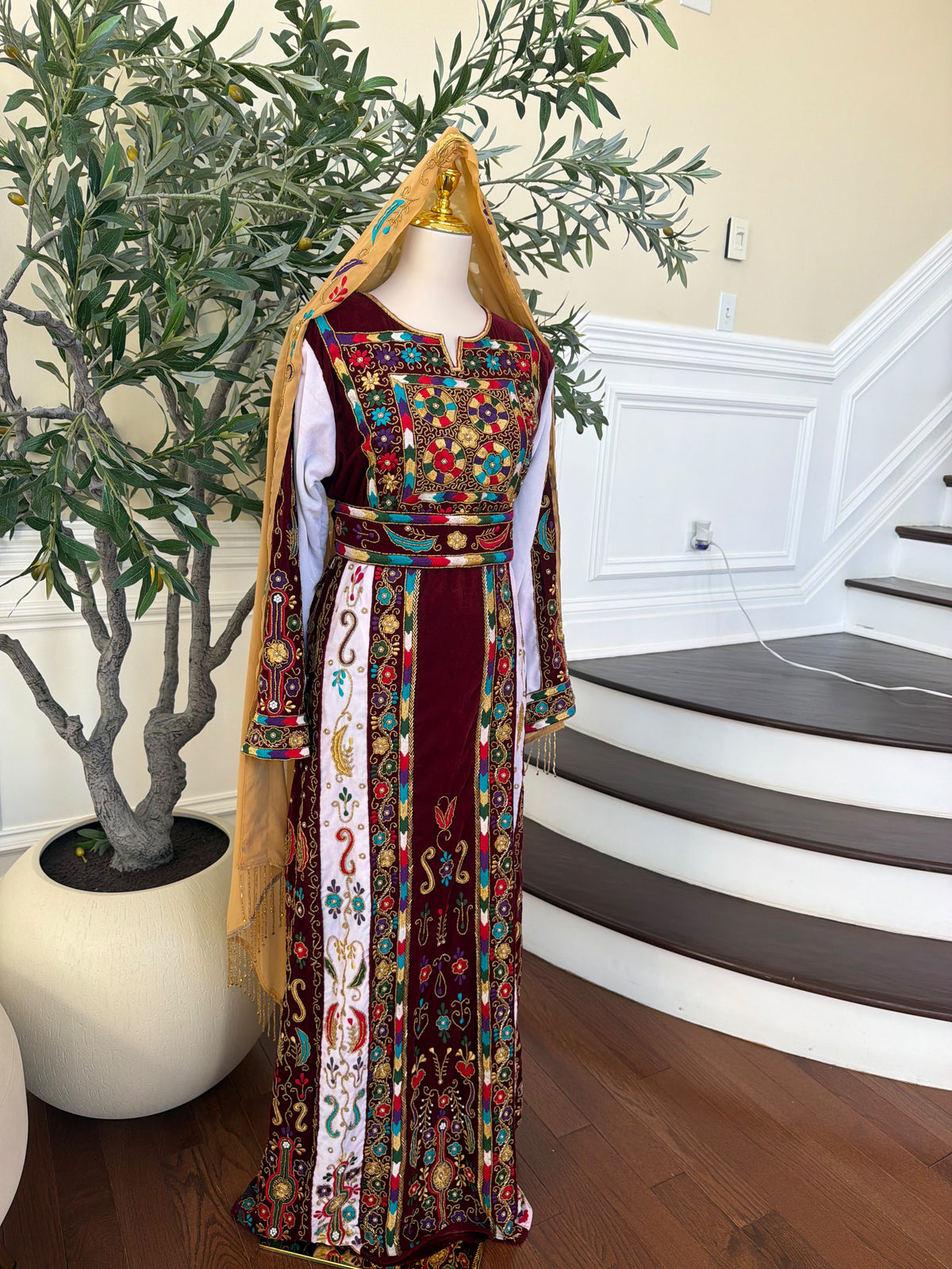 Elegant Burgundy Velvet Thobe with Colorful Embroidery and Matching Skirt included (scarf not included)