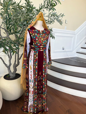 Elegant Burgundy Velvet Thobe with Colorful Embroidery and Matching Skirt included (scarf not included)