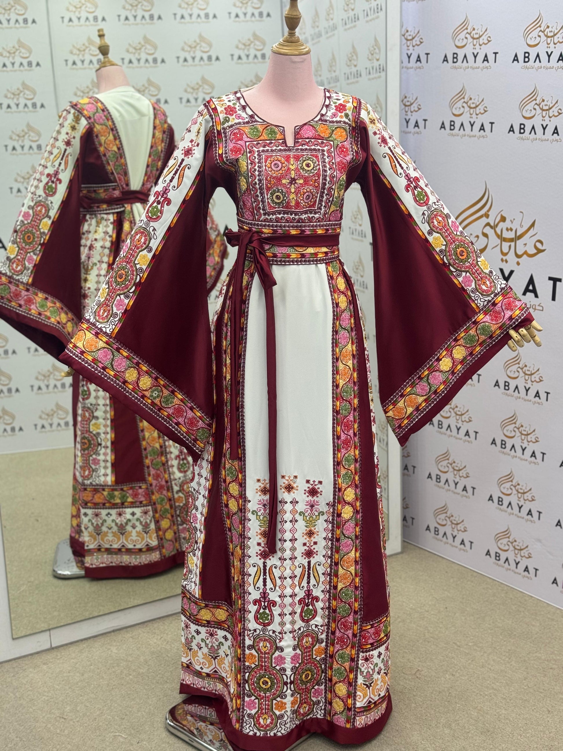 Ivory & Burgundy Palestinian Embroidered Thobe – Multicolor Tatreez Dress with Wide Sleeves”