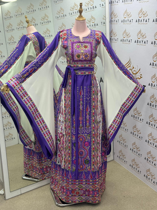 Royal Purple Palestinian Heritage Thobe with Colorful Embroidery