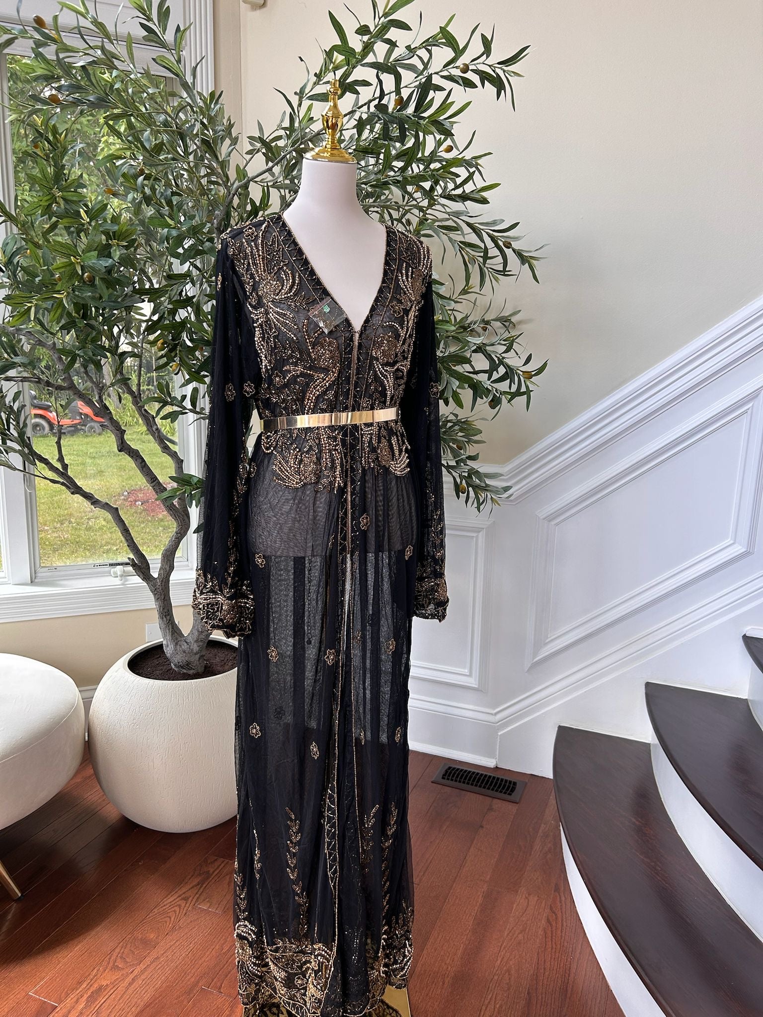 Elegant Designed Floral Golden Stone Cardigan Abaya